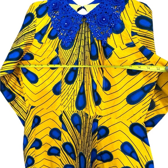 Vibrant African Print Yellow and Blue Long Sleeve Dress with Collared Beading - Picture 7 of 9